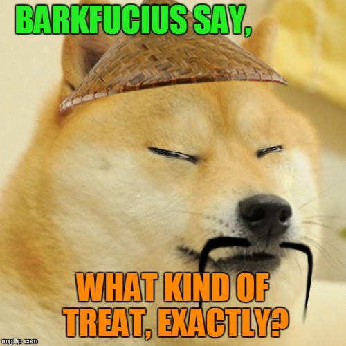 BARKFUCIUS SAY, WHAT KIND OF TREAT, EXACTLY? | made w/ Imgflip meme maker
