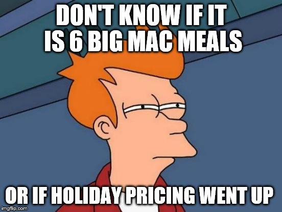 Futurama Fry Meme | DON'T KNOW IF IT IS 6 BIG MAC MEALS OR IF HOLIDAY PRICING WENT UP | image tagged in memes,futurama fry | made w/ Imgflip meme maker