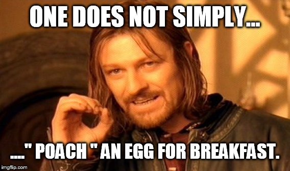 One Does Not Simply Meme | ONE DOES NOT SIMPLY... ...." POACH " AN EGG FOR BREAKFAST. | image tagged in memes,one does not simply | made w/ Imgflip meme maker