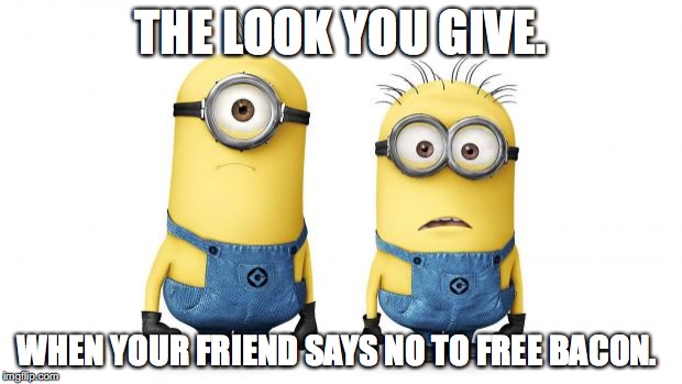 Minion Duo | THE LOOK YOU GIVE. WHEN YOUR FRIEND SAYS NO TO FREE BACON. | image tagged in minion duo | made w/ Imgflip meme maker