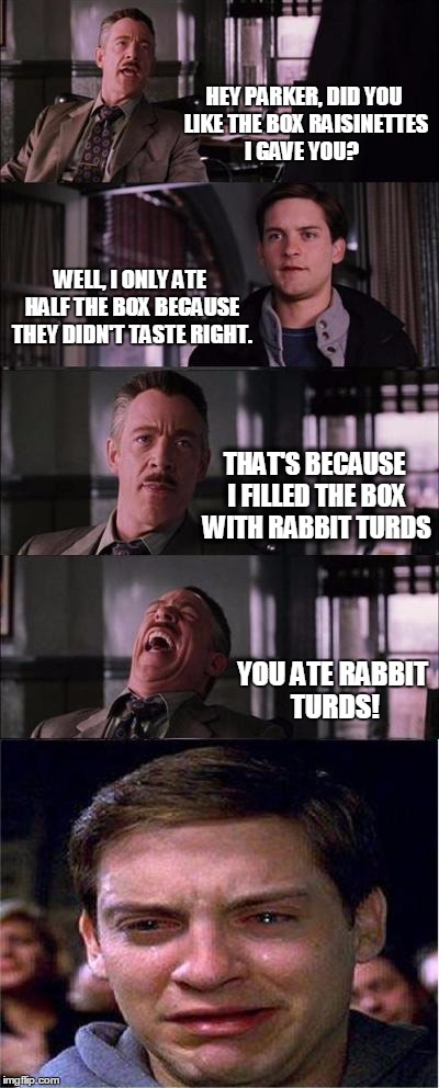 Peter Parker Cry Meme | HEY PARKER, DID YOU LIKE THE BOX RAISINETTES I GAVE YOU? WELL, I ONLY ATE HALF THE BOX BECAUSE THEY DIDN'T TASTE RIGHT. THAT'S BECAUSE I FILLED THE BOX WITH RABBIT TURDS; YOU ATE RABBIT TURDS! | image tagged in memes,peter parker cry | made w/ Imgflip meme maker