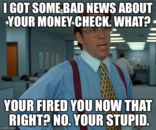 That Would Be Great | I GOT SOME BAD NEWS ABOUT YOUR MONEY CHECK. WHAT? YOUR FIRED YOU NOW THAT RIGHT? NO.
YOUR STUPID. | image tagged in memes,that would be great | made w/ Imgflip meme maker
