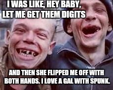 Everyone has a dream. For some, it's just to be loved by another human being. | I WAS LIKE, HEY BABY, LET ME GET THEM DIGITS; AND THEN SHE FLIPPED ME OFF WITH BOTH HANDS. I LOVE A GAL WITH SPUNK. | image tagged in redneck roflmao,relationships,funny memes | made w/ Imgflip meme maker