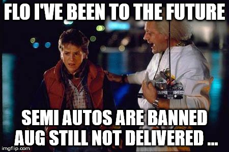 back to the future | FLO I'VE BEEN TO THE FUTURE; SEMI AUTOS ARE BANNED AUG STILL NOT DELIVERED ... | image tagged in back to the future | made w/ Imgflip meme maker