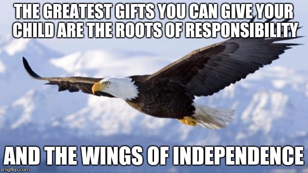eagle | THE GREATEST GIFTS YOU CAN GIVE YOUR CHILD ARE THE ROOTS OF RESPONSIBILITY; AND THE WINGS OF INDEPENDENCE | image tagged in eagle | made w/ Imgflip meme maker