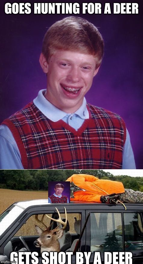 Bad luck deer | GOES HUNTING FOR A DEER; GETS SHOT BY A DEER | image tagged in bad luck brian,memes,deer,hunting,funny,animals | made w/ Imgflip meme maker