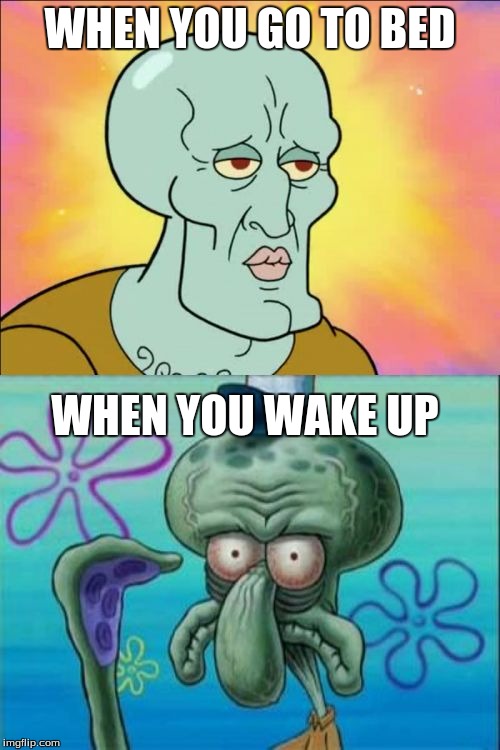 Squidward Meme | WHEN YOU GO TO BED; WHEN YOU WAKE UP | image tagged in memes,squidward | made w/ Imgflip meme maker