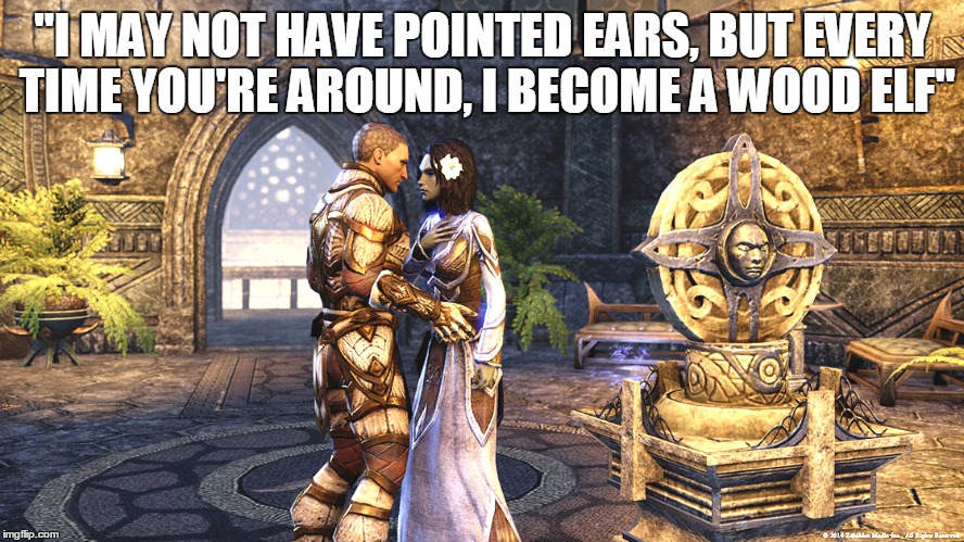 "I MAY NOT HAVE POINTED EARS, BUT EVERY TIME YOU'RE AROUND, I BECOME A WOOD ELF" | image tagged in eso,elder scrolls,eso valentine's,eso pickup lines,valentine's day,romance | made w/ Imgflip meme maker
