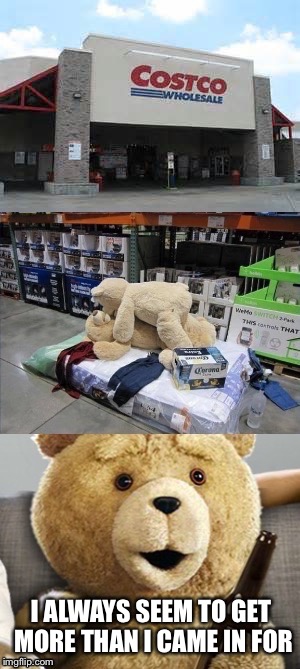 Do you ever get more at Costco than you expected when you walked in? | I ALWAYS SEEM TO GET MORE THAN I CAME IN FOR | image tagged in something extra at costco | made w/ Imgflip meme maker