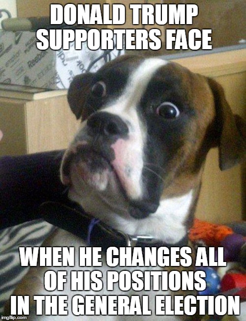 Blankie the Shocked Dog | DONALD TRUMP SUPPORTERS FACE; WHEN HE CHANGES ALL OF HIS POSITIONS IN THE GENERAL ELECTION | image tagged in blankie the shocked dog | made w/ Imgflip meme maker