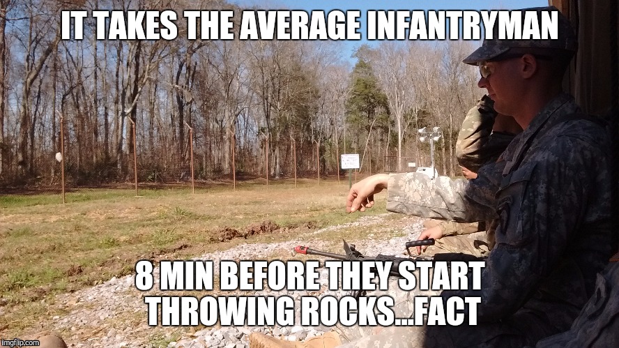 Throwing rocks fact | IT TAKES THE AVERAGE INFANTRYMAN; 8 MIN BEFORE THEY START THROWING ROCKS...FACT | image tagged in memes | made w/ Imgflip meme maker