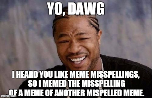 Yo Dawg Heard You Meme | YO, DAWG I HEARD YOU LIKE MEME MISSPELLINGS, SO I MEMED THE MISSPELLING OF A MEME OF ANOTHER MISPELLED MEME. | image tagged in memes,yo dawg heard you | made w/ Imgflip meme maker