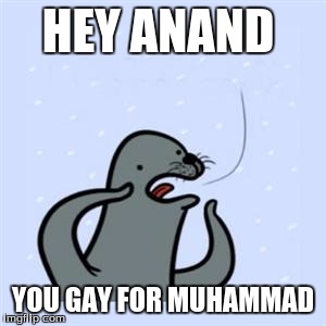 gayyyy | HEY ANAND; YOU GAY FOR MUHAMMAD | image tagged in gayyyy | made w/ Imgflip meme maker