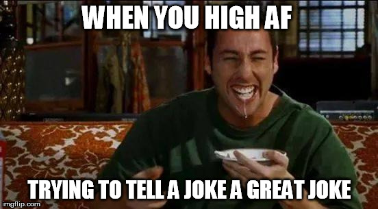 adam sandler | WHEN YOU HIGH AF; TRYING TO TELL A JOKE A GREAT JOKE | image tagged in adam sandler | made w/ Imgflip meme maker