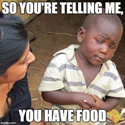 Third World Skeptical Kid Meme | SO YOU'RE TELLING ME, YOU HAVE FOOD | image tagged in memes,third world skeptical kid | made w/ Imgflip meme maker