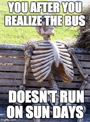 Waiting Skeleton | YOU AFTER YOU REALIZE THE BUS; DOESN'T RUN ON SUN DAYS | image tagged in memes,waiting skeleton | made w/ Imgflip meme maker