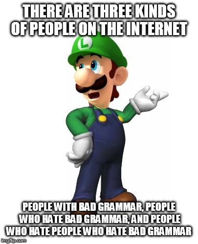 Logic Luigi |  THERE ARE THREE KINDS OF PEOPLE ON THE INTERNET; PEOPLE WITH BAD GRAMMAR, PEOPLE WHO HATE BAD GRAMMAR, AND PEOPLE WHO HATE PEOPLE WHO HATE BAD GRAMMAR | image tagged in logic luigi | made w/ Imgflip meme maker