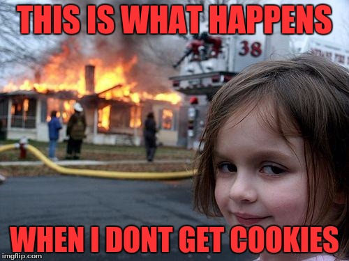 Disaster Girl Meme | THIS IS WHAT HAPPENS; WHEN I DONT GET COOKIES | image tagged in memes,disaster girl | made w/ Imgflip meme maker