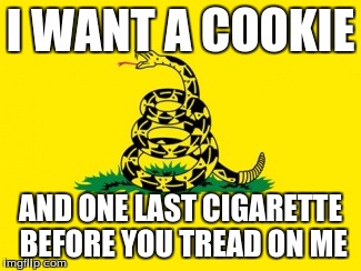 Gadsden Flag | I WANT A COOKIE; AND ONE LAST CIGARETTE BEFORE YOU TREAD ON ME | image tagged in gadsden flag | made w/ Imgflip meme maker