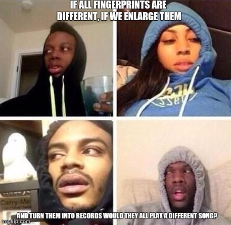 *Hits blunt | IF ALL FINGERPRINTS ARE DIFFERENT, IF WE ENLARGE THEM; AND TURN THEM INTO RECORDS WOULD THEY ALL PLAY A DIFFERENT SONG? | image tagged in hits blunt | made w/ Imgflip meme maker