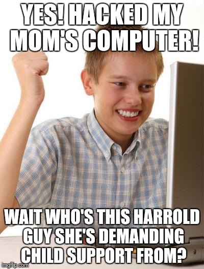 Hide the pain from Harold Jr. | YES! HACKED MY MOM'S COMPUTER! WAIT WHO'S THIS HARROLD GUY SHE'S DEMANDING CHILD SUPPORT FROM? | image tagged in memes,first day on the internet kid,hide the pain harold | made w/ Imgflip meme maker