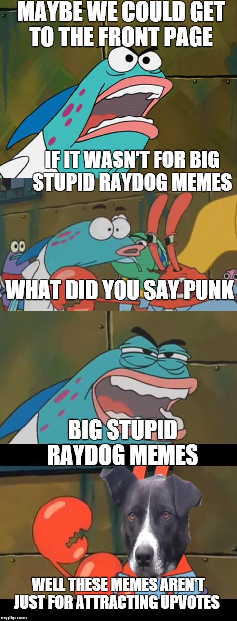 MAYBE WE COULD GET TO THE FRONT PAGE; IF IT WASN'T FOR BIG STUPID RAYDOG MEMES; WHAT DID YOU SAY PUNK; BIG STUPID RAYDOG MEMES; WELL THESE MEMES AREN'T JUST FOR ATTRACTING UPVOTES | image tagged in raydog,spongebob,upvote,front page | made w/ Imgflip meme maker