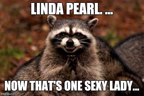 Evil Plotting Raccoon | LINDA PEARL. ... NOW THAT'S ONE SEXY LADY... | image tagged in memes,evil plotting raccoon | made w/ Imgflip meme maker