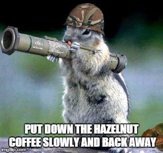 Bazooka Squirrel Meme | PUT DOWN THE HAZELNUT COFFEE SLOWLY AND BACK AWAY | image tagged in memes,bazooka squirrel | made w/ Imgflip meme maker