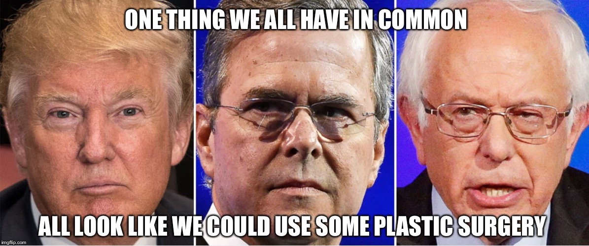 ONE THING WE ALL HAVE IN COMMON; ALL LOOK LIKE WE COULD USE SOME PLASTIC SURGERY | image tagged in presidential race,jeb bush,donald trump,bernie sanders | made w/ Imgflip meme maker