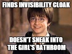 Good Guy Harry | FINDS INVISIBILITY CLOAK; DOESN'T SNEAK INTO THE GIRL'S BATHROOM | image tagged in harry potter,memes,invisible,funny,cloak | made w/ Imgflip meme maker