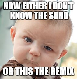 Skeptical Baby | NOW EITHER I DON'T KNOW THE SONG; OR THIS THE REMIX | image tagged in memes,skeptical baby | made w/ Imgflip meme maker