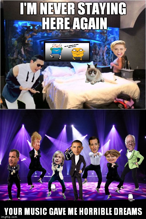 Grumpy no like Gangnam... | image tagged in grumpy cat bed,bad dreams,funny dancing,gangnam style2 | made w/ Imgflip meme maker