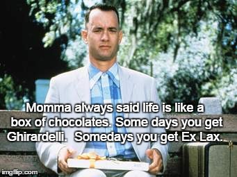 Forrest Gump Chocolates | Momma always said life is like a box of chocolates. Some days you get Ghirardelli.  Somedays you get Ex Lax. | image tagged in forrest gump,life,forrest gump box of chocolates,some days,frustration,patience | made w/ Imgflip meme maker