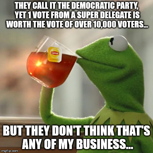 But That's None Of My Business Meme | THEY CALL IT THE DEMOCRATIC PARTY, YET 1 VOTE FROM A SUPER DELEGATE IS WORTH THE VOTE OF OVER 10,000 VOTERS... BUT THEY DON'T THINK THAT'S ANY OF MY BUSINESS... | image tagged in memes,but thats none of my business,kermit the frog,AdviceAnimals | made w/ Imgflip meme maker