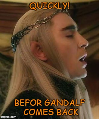 Quicky Before the Battle | QUICKLY! BEFOR GANDALF COMES BACK | image tagged in thranduil funny faces,thranduil memes,thranduil | made w/ Imgflip meme maker