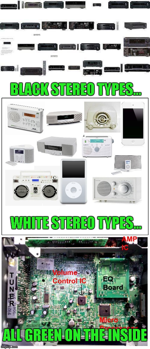 And all built with parts "Made In Taiwan". | BLACK STEREO TYPES... WHITE STEREO TYPES... ALL GREEN ON THE INSIDE | image tagged in stereotypes,black stereo types,white stereo types,mems,same on the inside,equality | made w/ Imgflip meme maker
