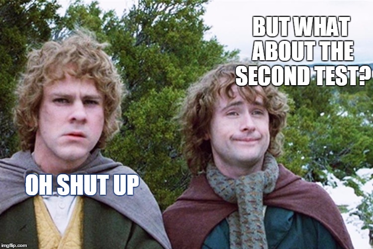 hobbits | BUT WHAT ABOUT THE SECOND TEST? OH SHUT UP | image tagged in hobbits | made w/ Imgflip meme maker