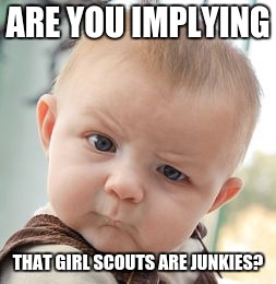 Skeptical Baby Meme | ARE YOU IMPLYING THAT GIRL SCOUTS ARE JUNKIES? | image tagged in memes,skeptical baby | made w/ Imgflip meme maker