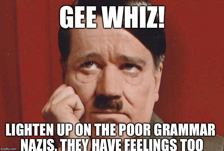 Sad hitler | GEE WHIZ! LIGHTEN UP ON THE POOR GRAMMAR NAZIS, THEY HAVE FEELINGS TOO | image tagged in sad hitler | made w/ Imgflip meme maker
