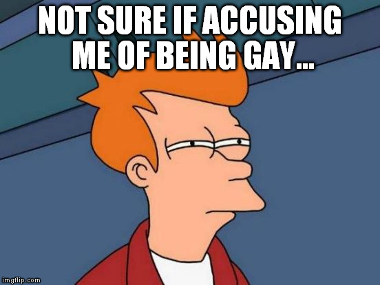 Futurama Fry Meme | NOT SURE IF ACCUSING ME OF BEING GAY... | image tagged in memes,futurama fry | made w/ Imgflip meme maker