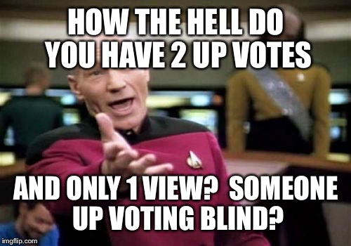 Picard Wtf Meme | HOW THE HELL DO YOU HAVE 2 UP VOTES AND ONLY 1 VIEW?  SOMEONE UP VOTING BLIND? | image tagged in memes,picard wtf | made w/ Imgflip meme maker