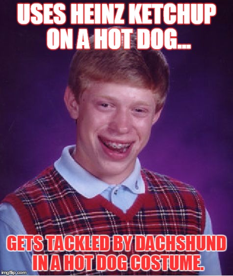 Bad Luck Brian | USES HEINZ KETCHUP ON A HOT DOG... GETS TACKLED BY DACHSHUND IN A HOT DOG COSTUME. | image tagged in memes,bad luck brian | made w/ Imgflip meme maker