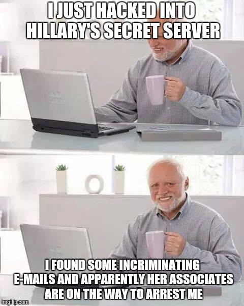 And Harold was never heard from again... RIP Harold, you don't have to hide the pain any longer where you are :D | I JUST HACKED INTO HILLARY'S SECRET SERVER; I FOUND SOME INCRIMINATING E-MAILS AND APPARENTLY HER ASSOCIATES ARE ON THE WAY TO ARREST ME | image tagged in memes,hide the pain harold | made w/ Imgflip meme maker