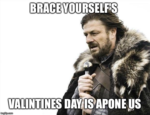 Brace Yourselves X is Coming | BRACE YOURSELF'S; VALINTINES DAY IS APONE US | image tagged in memes,brace yourselves x is coming | made w/ Imgflip meme maker