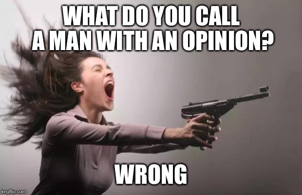 No Title Needed |  WHAT DO YOU CALL A MAN WITH AN OPINION? WRONG | image tagged in feminist,memes | made w/ Imgflip meme maker