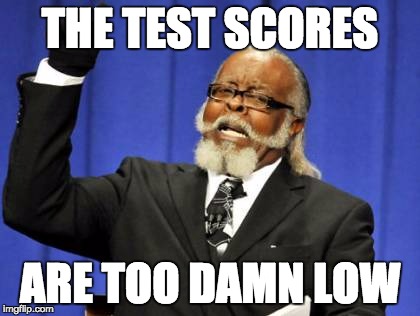 Too Damn High | THE TEST SCORES; ARE TOO DAMN LOW | image tagged in memes,too damn high | made w/ Imgflip meme maker