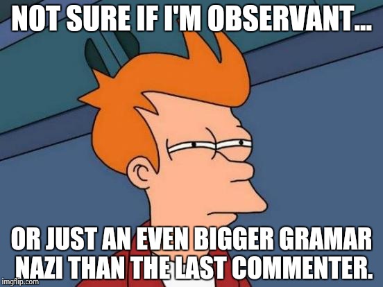 Futurama Fry Meme | NOT SURE IF I'M OBSERVANT... OR JUST AN EVEN BIGGER GRAMAR NAZI THAN THE LAST COMMENTER. | image tagged in memes,futurama fry | made w/ Imgflip meme maker