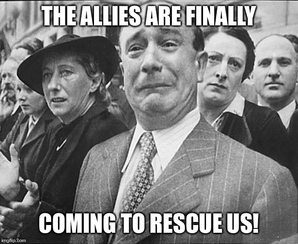French man crying understandably | THE ALLIES ARE FINALLY COMING TO RESCUE US! | image tagged in french man crying understandably | made w/ Imgflip meme maker