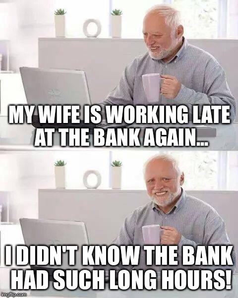Hide the Pain Harold Meme | MY WIFE IS WORKING LATE AT THE BANK AGAIN... I DIDN'T KNOW THE BANK HAD SUCH LONG HOURS! | image tagged in memes,hide the pain harold | made w/ Imgflip meme maker