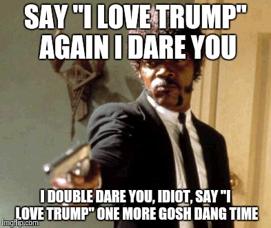Donald trump is going to get it | SAY "I LOVE TRUMP" AGAIN I DARE YOU; I DOUBLE DARE YOU, IDIOT, SAY "I LOVE TRUMP" ONE MORE GOSH DANG TIME | image tagged in memes,say that again i dare you | made w/ Imgflip meme maker